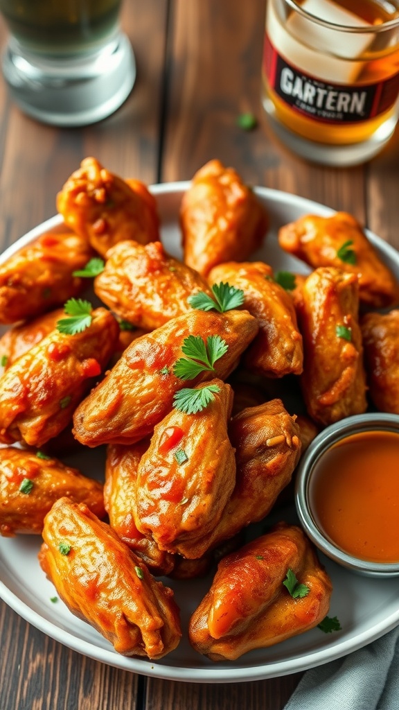 Crispy air fryer chicken wings on a plate with dipping sauce and parsley garnish.